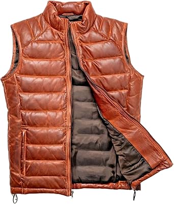 【2plan】Bumbling Leather Vest Padded Zulin Brown Distressed Quilted Puffer Down Leather Vest Men